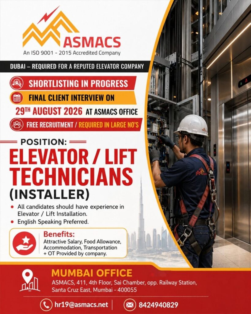 Original job advertisement for Elevator / Lift Technicians (Installer) in UAE