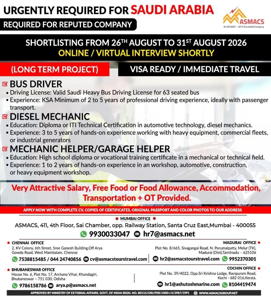 Original job advertisement for Bus Driver, Diesel Mechanic, Mechanic Helper/Garage Helper in Saudi Arabia