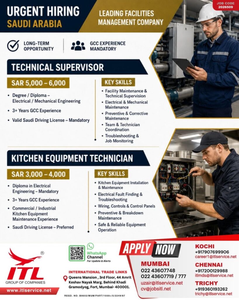 Original job advertisement for Technical Supervisor, Kitchen Equipment Technician in Saudi Arabia