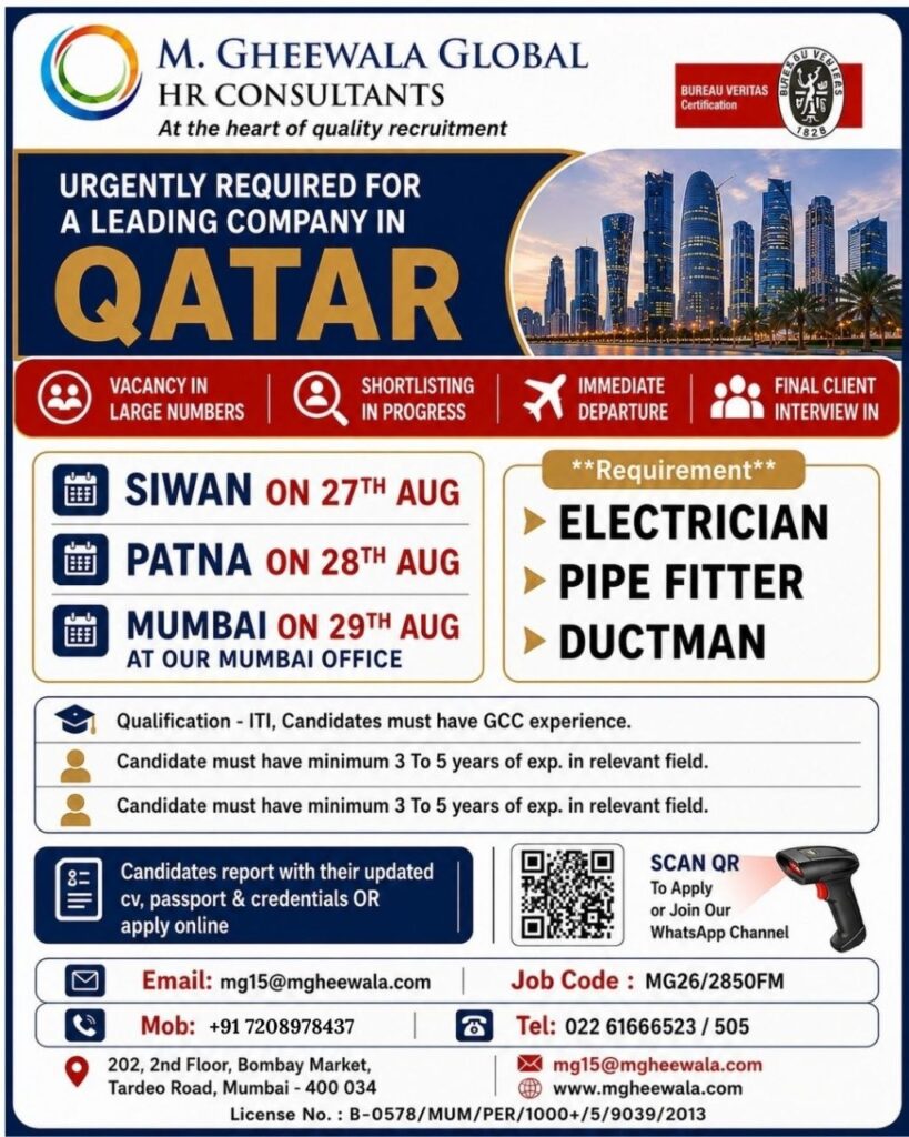 Original job advertisement for Electrician, Pipe Fitter, Ductman in Qatar