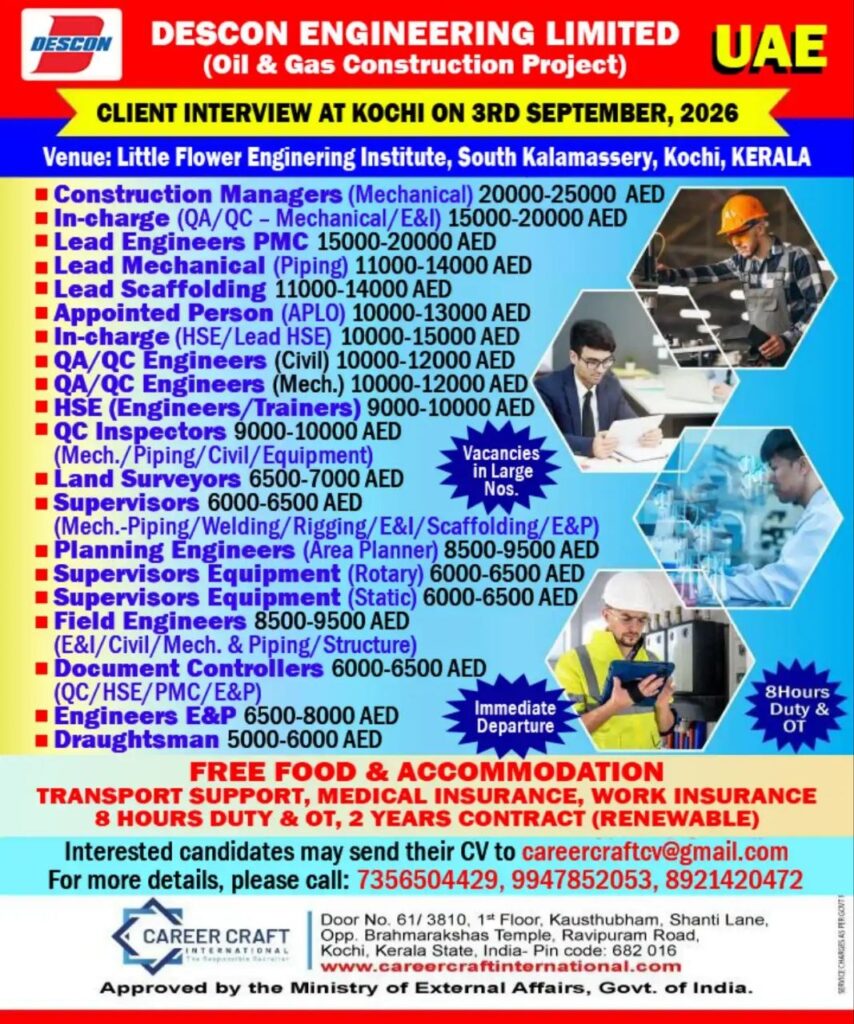 Original job advertisement for Construction Managers (Mechanical), In-charge (QA/QC – Mechanical/E&I), Lead Engineers PMC in UAE