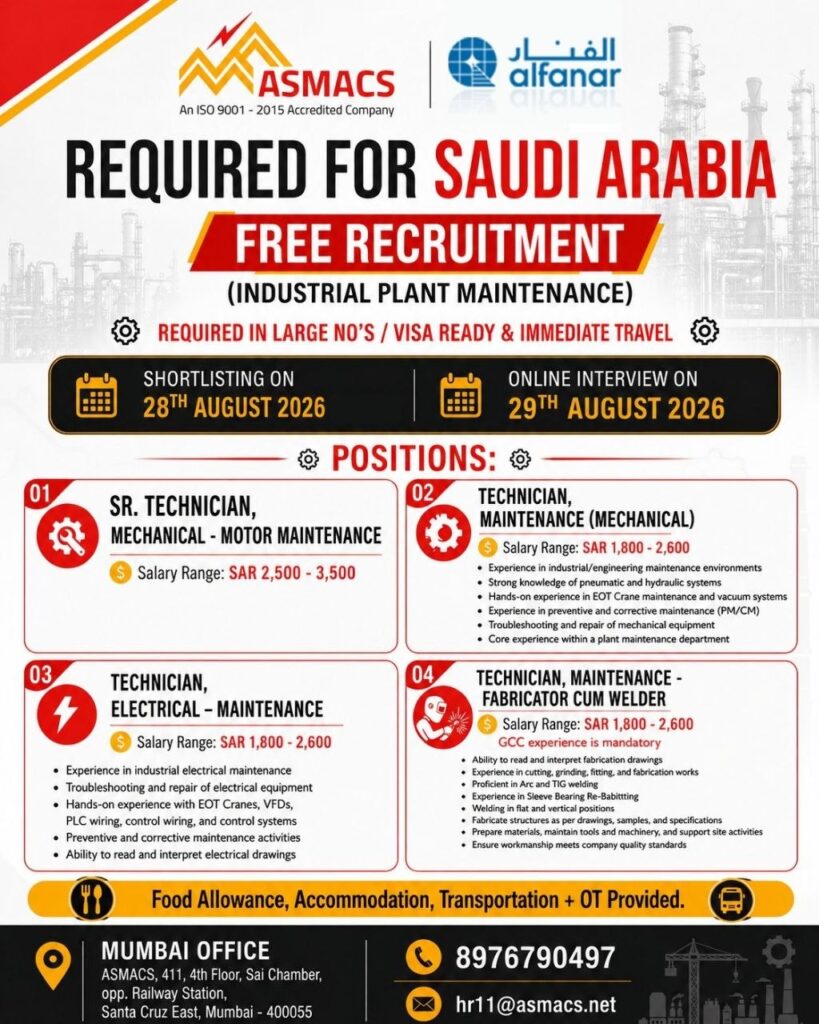 Original job advertisement for Sr. Technician, Mechanical - Motor Maintenance, Technician, Maintenance (Mechanical), Technician, Electrical - Maintenance in Saudi Arabia