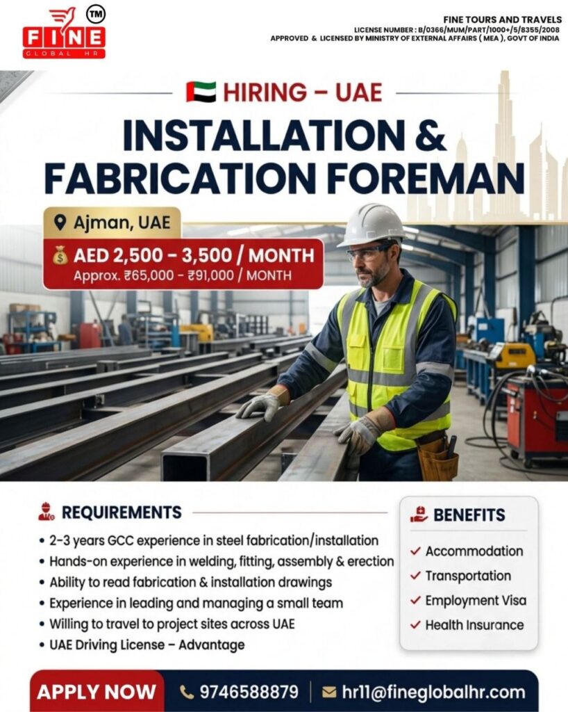 Original job advertisement for Installation & Fabrication Foreman in UAE