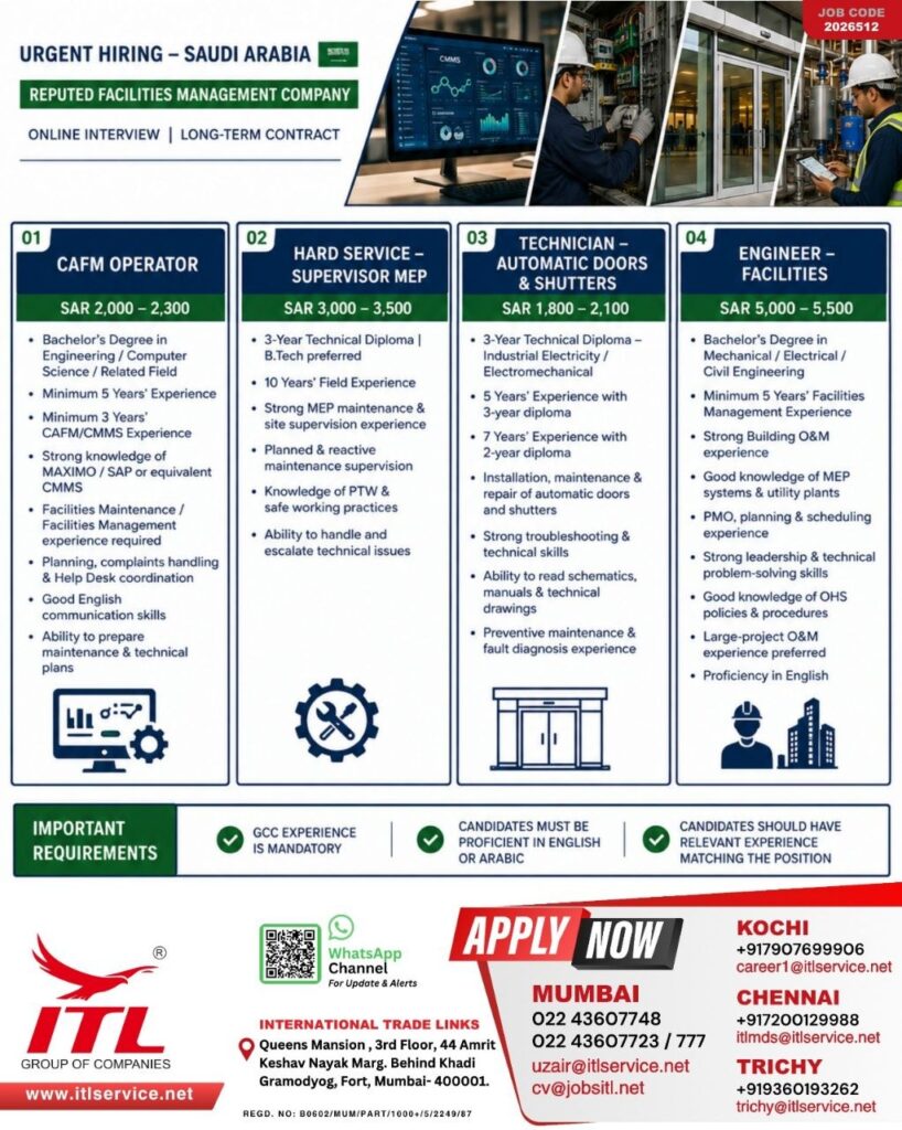 Original job advertisement for CAFM Operator, Hard Service - Supervisor MEP, Technician - Automatic Doors & Shutters in Saudi Arabia