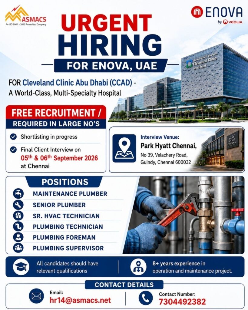 Original job advertisement for Maintenance Plumber, Senior Plumber, Sr. HVAC Technician in UAE