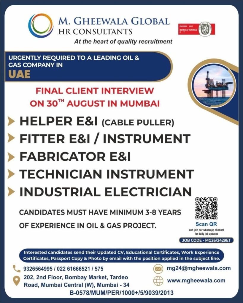 Original job advertisement for Helper E&I (Cable Puller), Fitter E&I / Instrument, Fabricator E&I in UAE