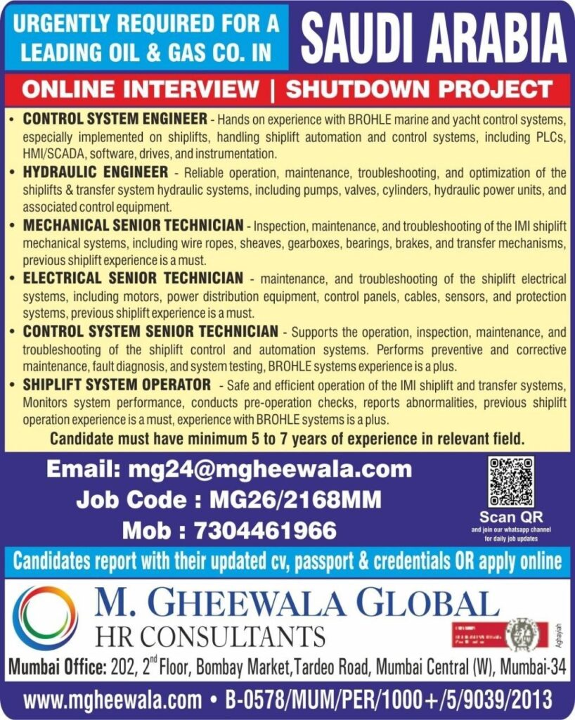 Original job advertisement for Control System Engineer, Hydraulic Engineer, Mechanical Senior Technician in Saudi Arabia