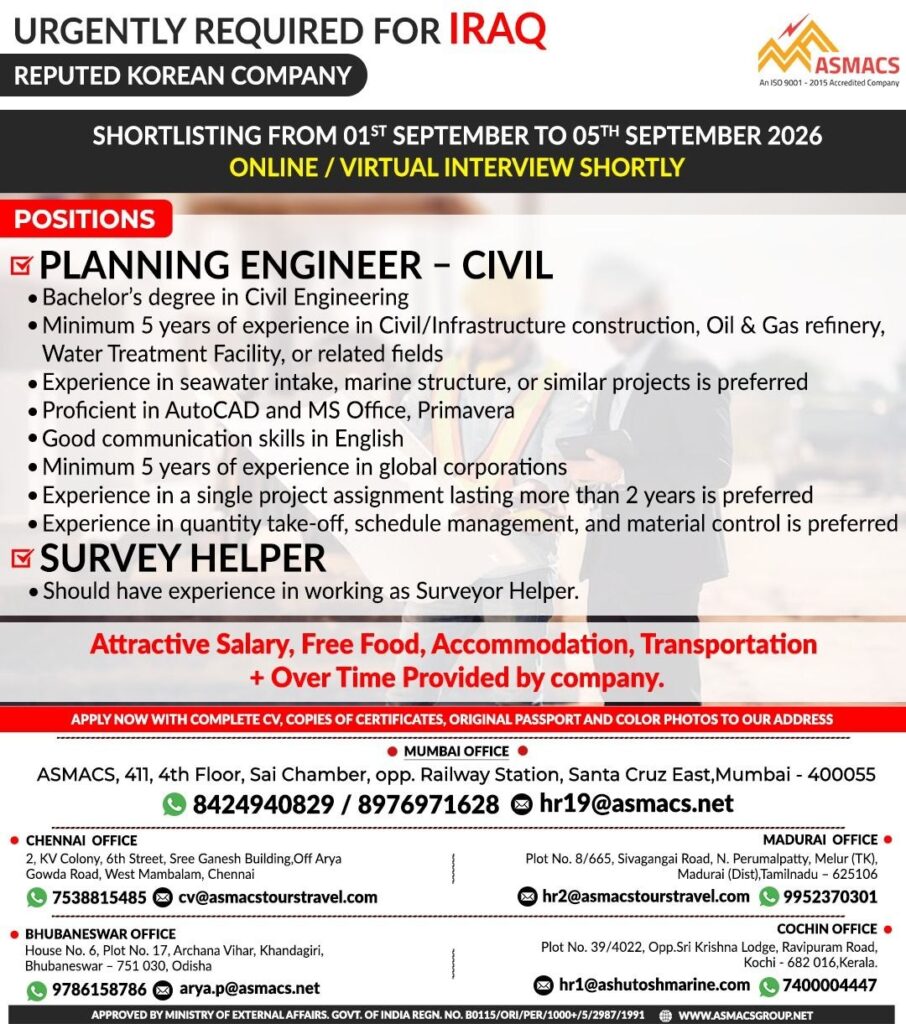 Original job advertisement for PLANNING ENGINEER - CIVIL, SURVEY HELPER