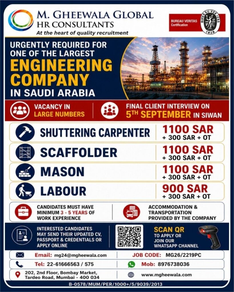 Original job advertisement for Shuttering Carpenter, Scaffolder, Mason in Saudi Arabia