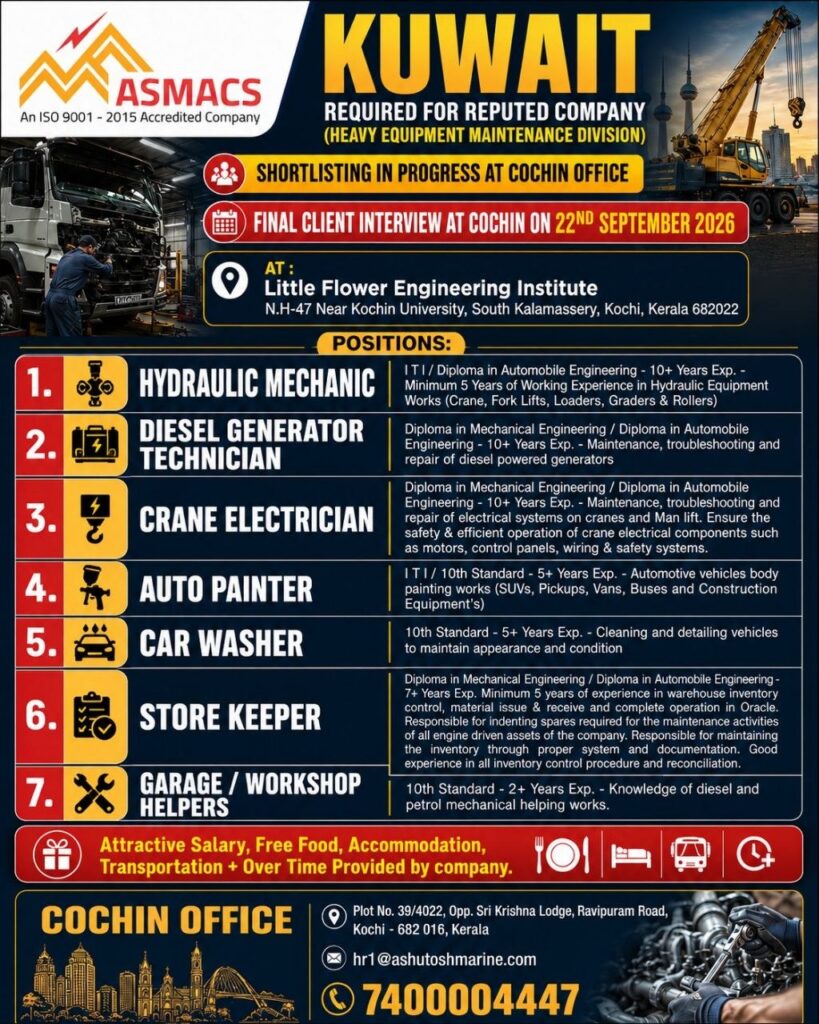 Original job advertisement for HYDRAULIC MECHANIC, DIESEL GENERATOR TECHNICIAN, CRANE ELECTRICIAN in Kuwait
