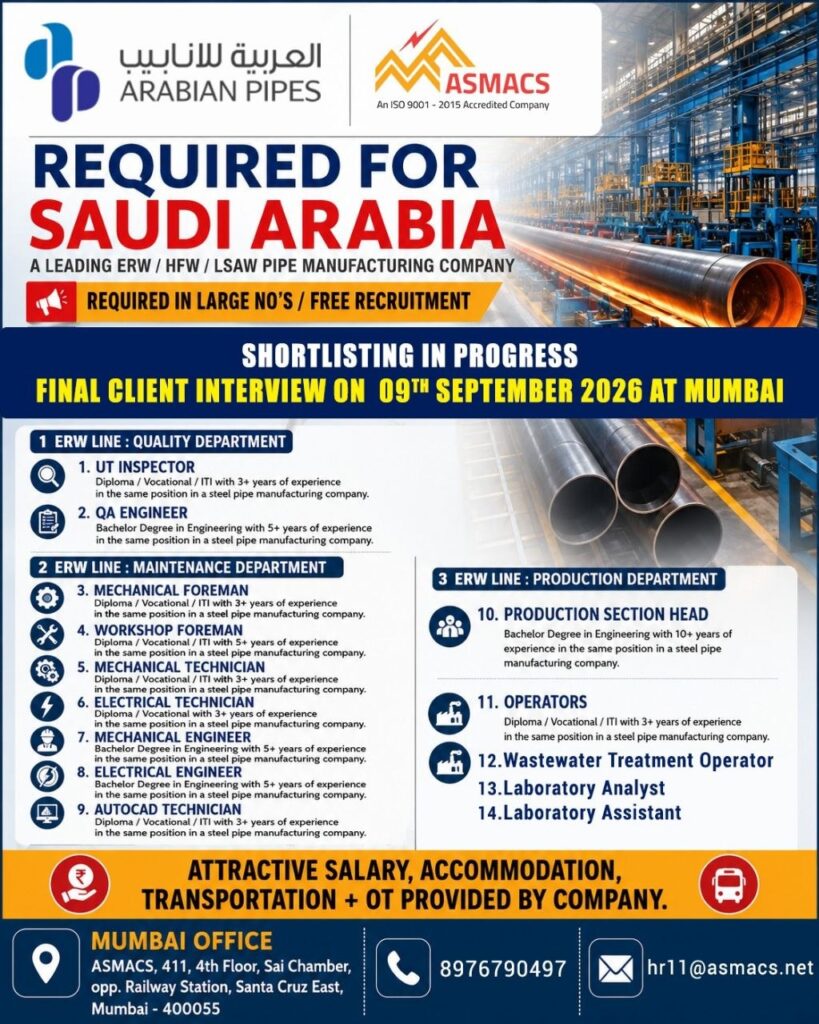 Original job advertisement for UT Inspector, QA Engineer, Mechanical Foreman in Saudi Arabia