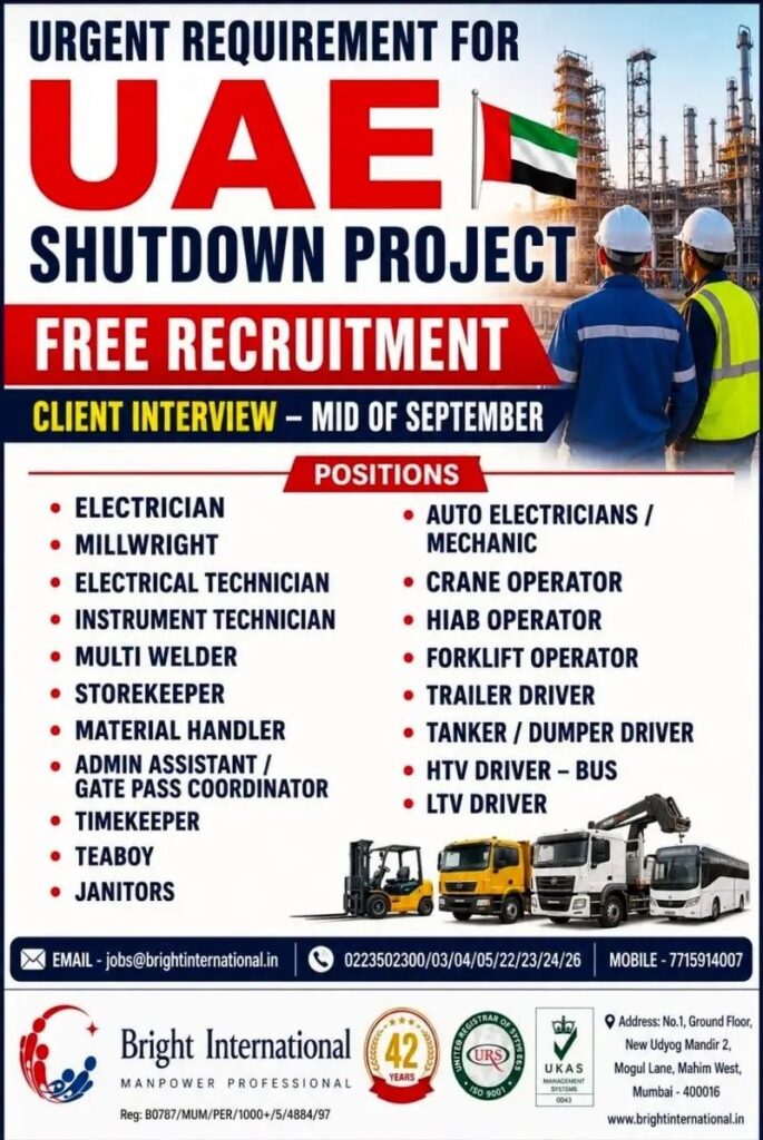 Original job advertisement for Electrician, Millwright, Electrical Technician in UAE