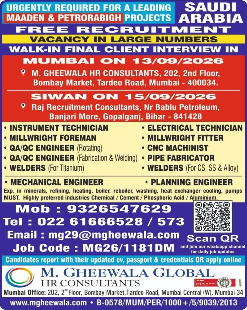 Original job advertisement for INSTRUMENT TECHNICIAN, MILLWRIGHT FOREMAN, QA/QC ENGINEER (Rotating) in Saudi Arabia