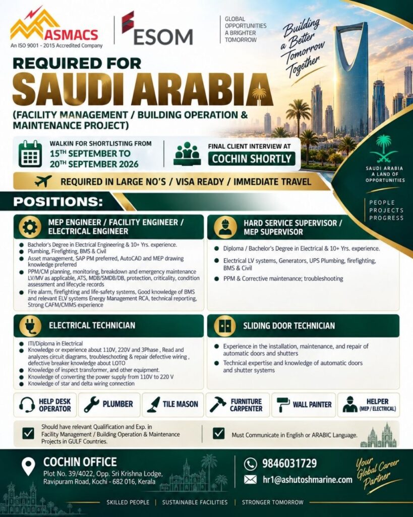 Original job advertisement for MEP Engineer / Facility Engineer / Electrical Engineer, Hard Service Supervisor / MEP Supervisor, Electrical Technician in Saudi Arabia