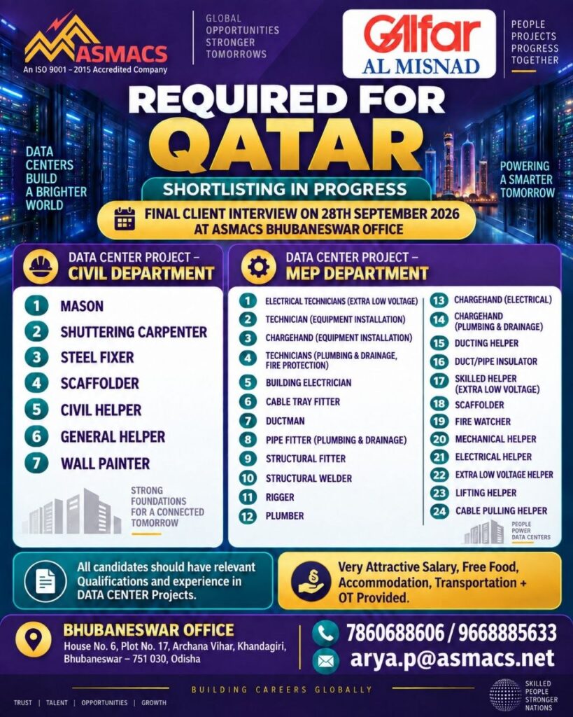Original job advertisement for Mason, Shuttering Carpenter, Steel Fixer in Qatar