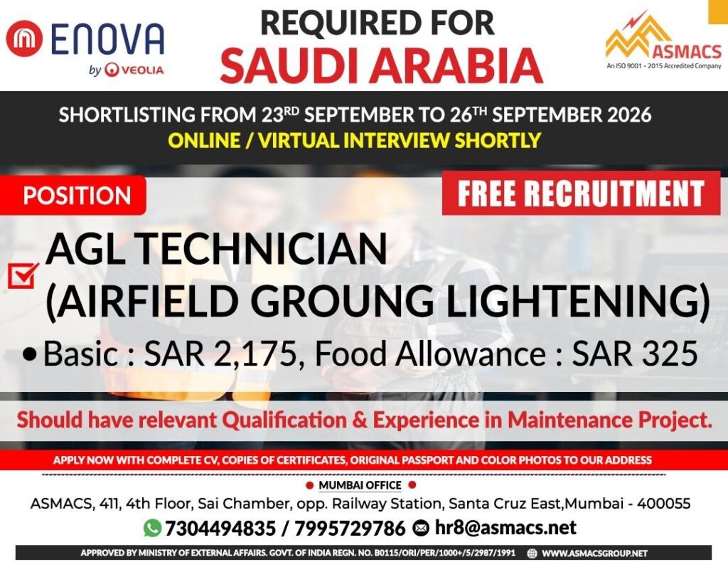 Original job advertisement for AGL TECHNICIAN (AIRFIELD GROUNG LIGHTENING) in Saudi Arabia