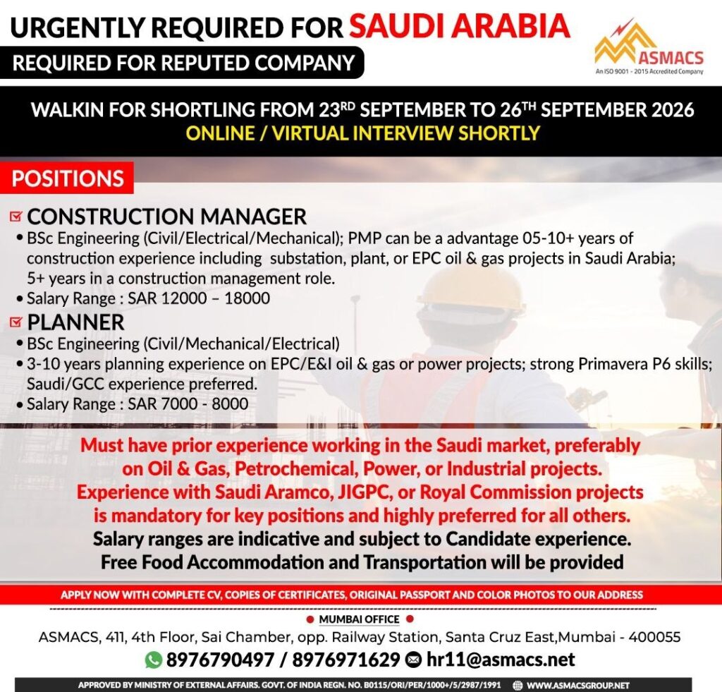 Original job advertisement for CONSTRUCTION MANAGER, PLANNER in Saudi Arabia