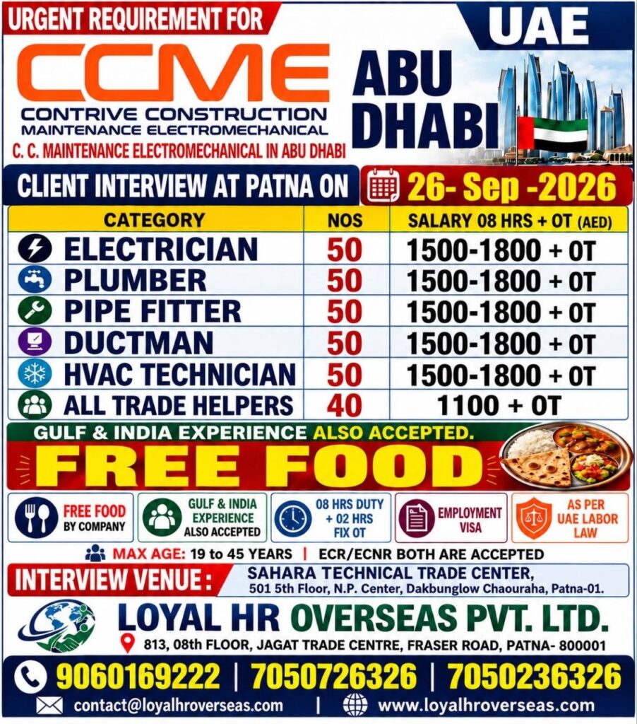 Original job advertisement for Electrician, Plumber, Pipe Fitter in UAE