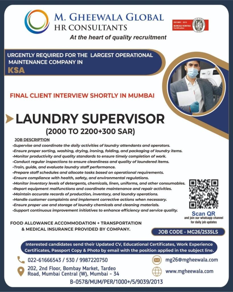 Original job advertisement for Laundry Supervisor in Saudi Arabia